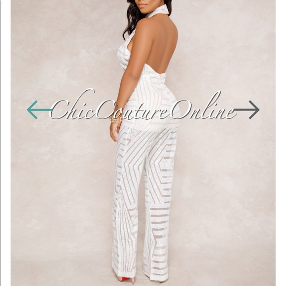 Jumpsuit white cutout sheer sparkles - Picture 2 of 6